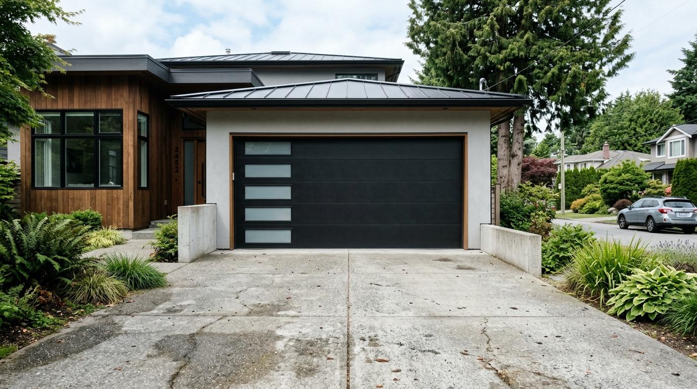 Modern black garage door on a North Shore home